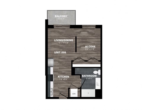 Floor plan for studio, 1 bath, 528 sqft